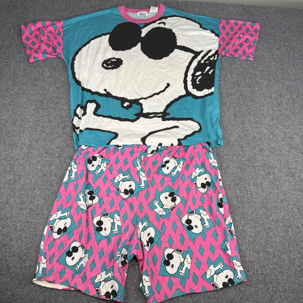 Vintage 90s Snoopy Peanuts Pajama Set Large Flirts Neon All Over Print USA VTG
